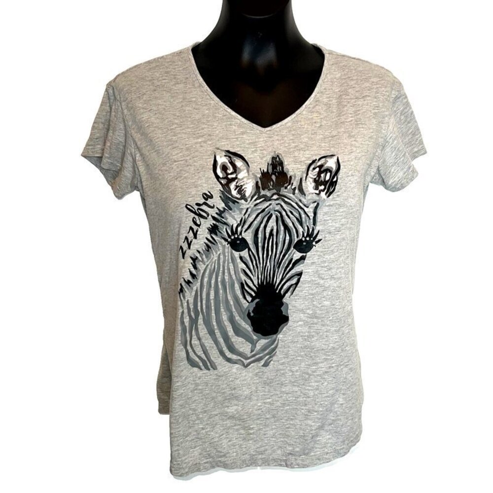 Secret Treasures - Women's S/L Tee Shirt V-Neck Zebra with Gem Eyelashes